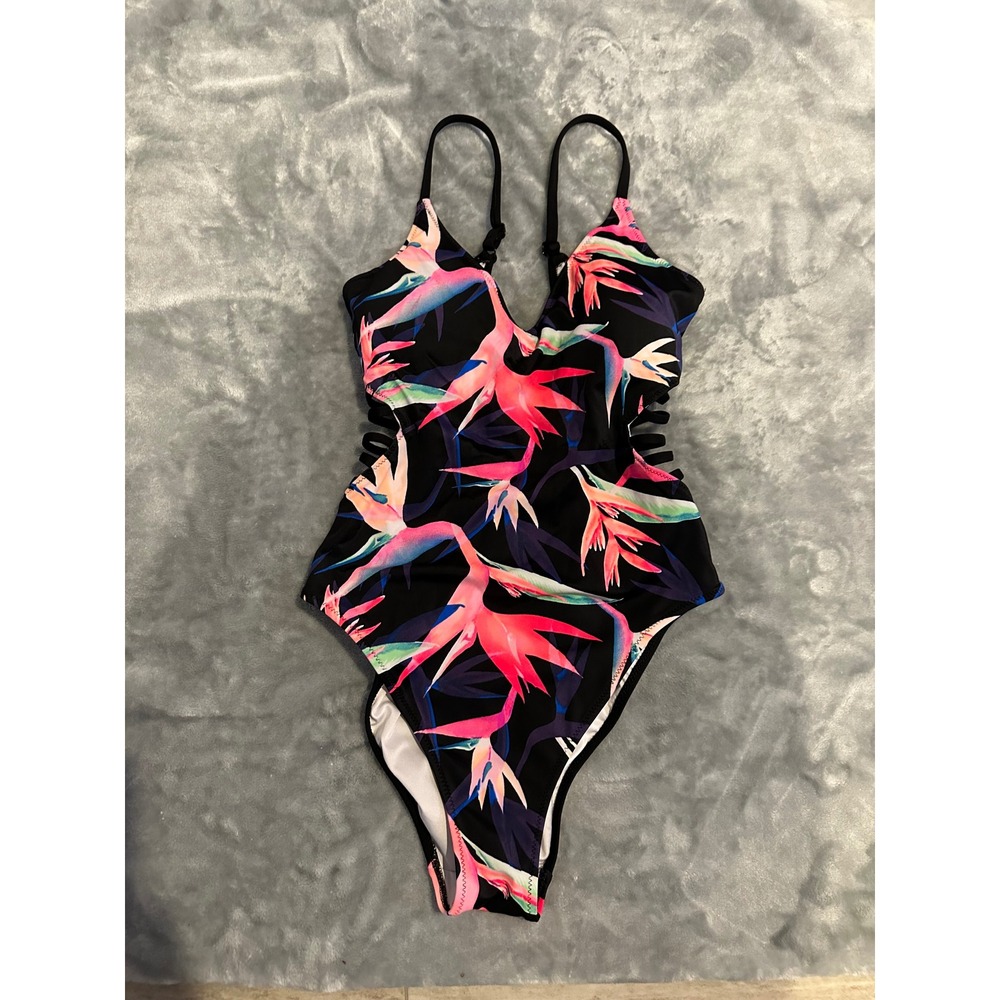 PINK Victoria's Secret Swimsuit Womens S Black Tropical Floral Cutout One Piece